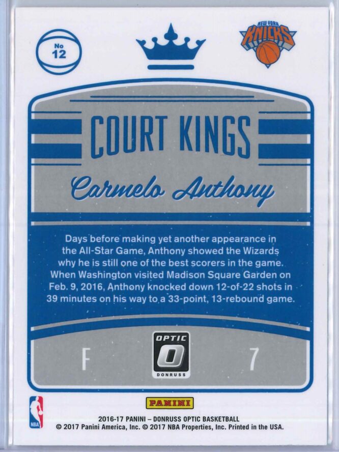 Carmelo Anthony Panini Donruss Optic Basketball 2016 17 Court Kings 2