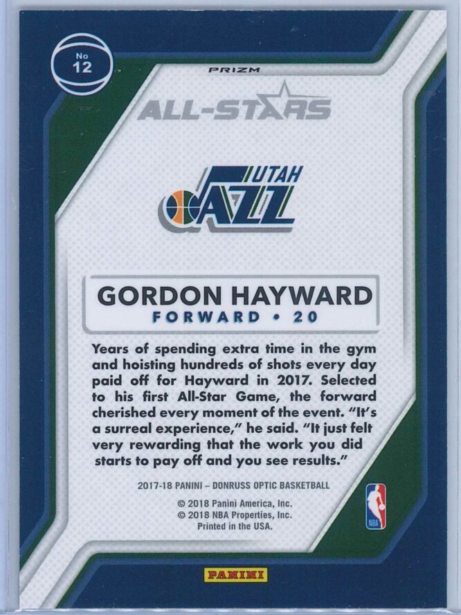 Gordon Hayward Panini Donruss Optic Basketball 2017 18 All Stars Holo 2