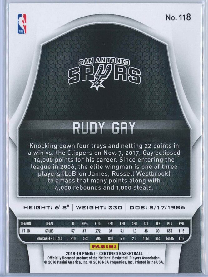 Rudy Gay Panini Certified 2018 19 2
