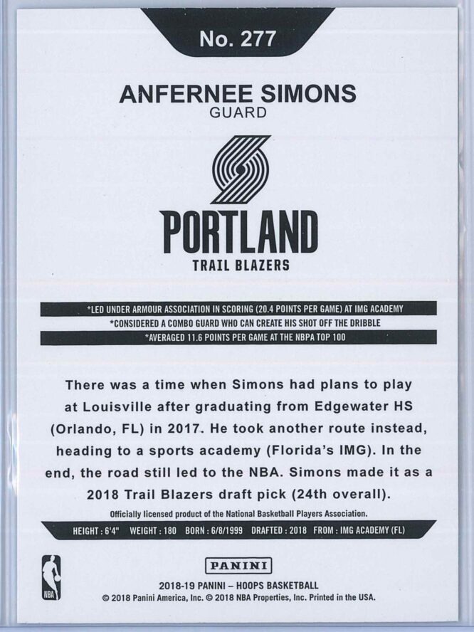 Anfernee Simons Panini NBA Hoops 2018 19 Blue RC 2
