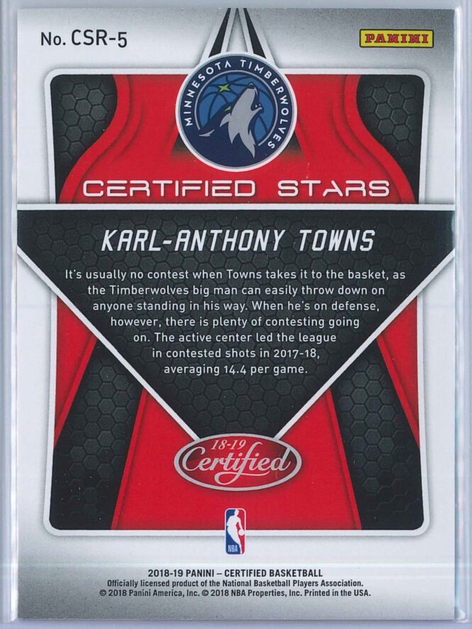 Karl Anthony Towns Panini Certified 2018 19 Certified Stars 2
