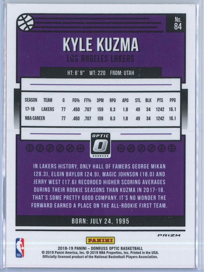 Kyle Kuzma Panini Donruss Optic Basketball 2018 19 Blue Velocity Prizm 2