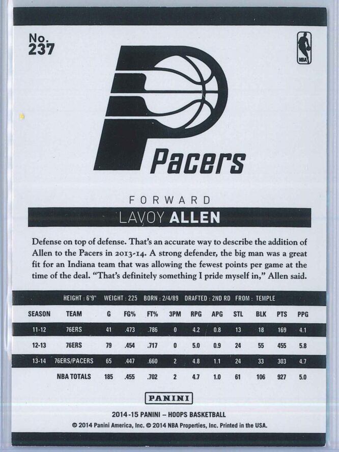 Lavoy Allen Panini NBA Hoops 2014 15 Silver 045399 2