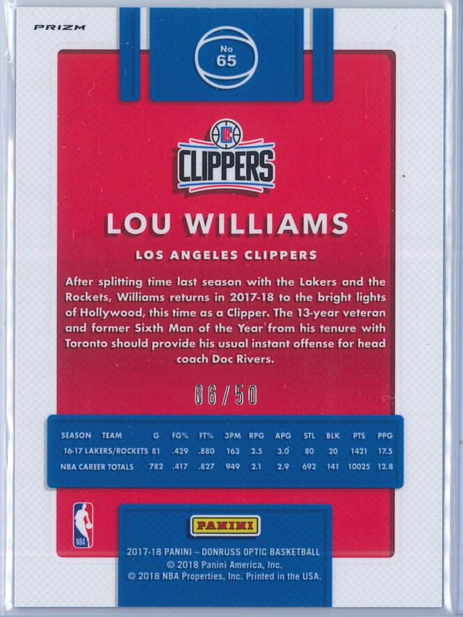 Lou Williams Panini Donruss Optic Basketball 2017 18 Fast Break Blue Prizm 0650 2
