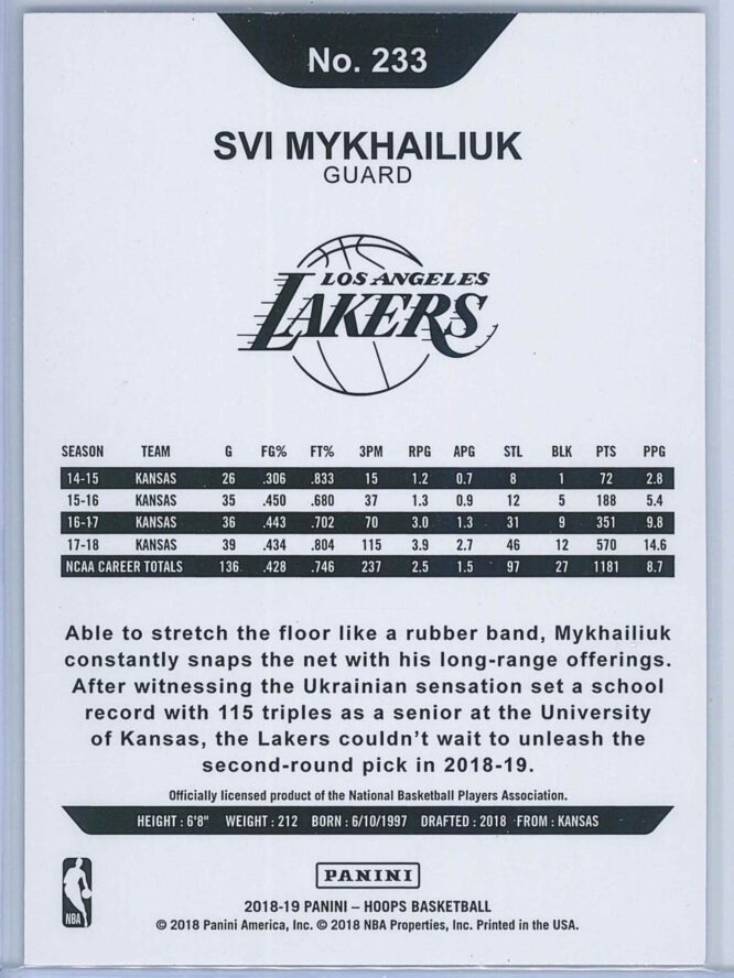 Svi Mykhailiuk Panini NBA Hoops 2018 19 Purple RC 2