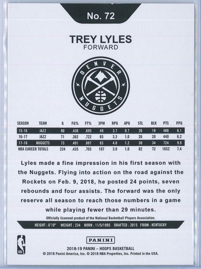 Trey Lyles Panini NBA Hoops 2018 19 Teal Explosion 2