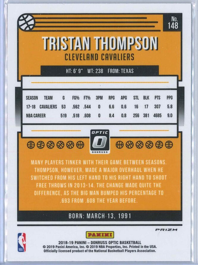 Tristan Thompson Panini Donruss Optic Basketball 2018 19 Blue Velocity Prizm 2