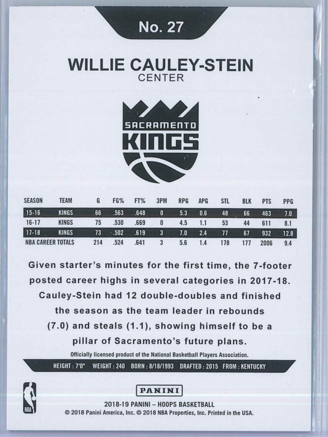 Willie Cauley Stein Panini NBA Hoops 2018 19 Blue 2