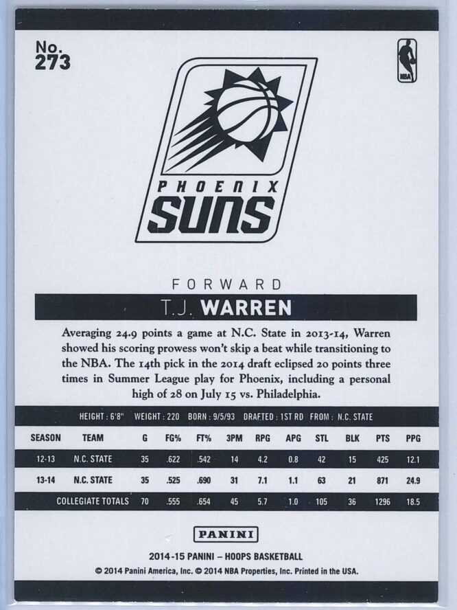 T.J. Warren Panini NBA Hoops Basketball 2014 15 Base Gold RC 2