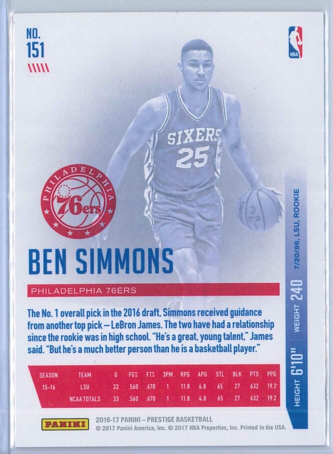 Ben Simmons Panini Prestige Basketball 2016 17 Base Set RC 2