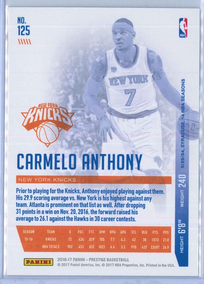 Carmelo Anthony Panini Prestige Basketball 2016 17 Base Set 2