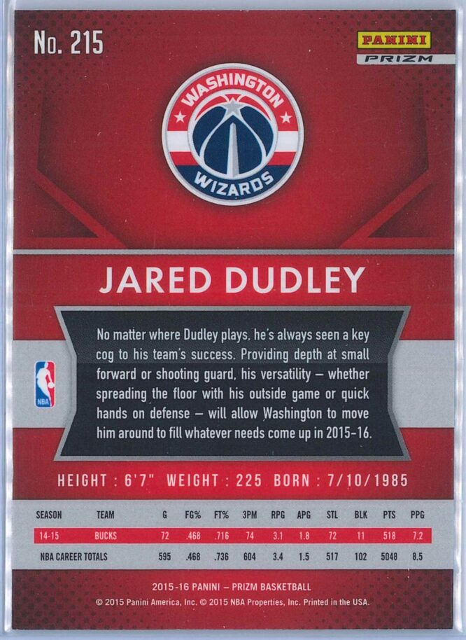 Jared Dudley Panini Prizm Basketball 2015 16 Base Red White Blue Parallel 2