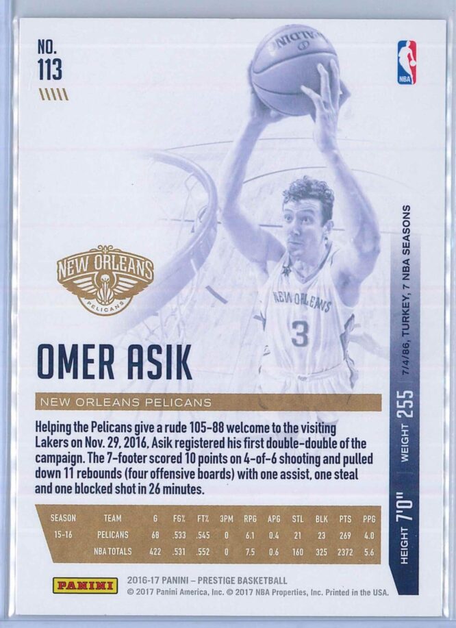Omer Asik Panini Prestige Basketball 2016 17 Base Set 2