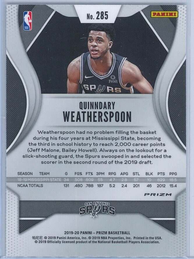 Quinndary Weatherspoon Panini Prizm Basketball 2019 20 Base Silver RC 2
