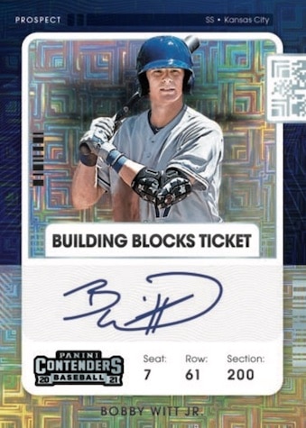 2021 Panini Contenders Baseball Cards Prospect Building Blocks Ticket Autograph Bobby Witt Jr