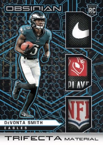 2021 Panini Obsidian Football NFL Cards Trifecta Material Electric Etch Blue Finite DeVonta Smith RC