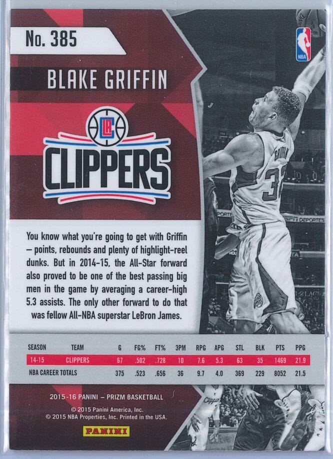 Blake Griffin Panini Prizm Basketball 2015 16 Base 2014 15 All NBA Team 385 2