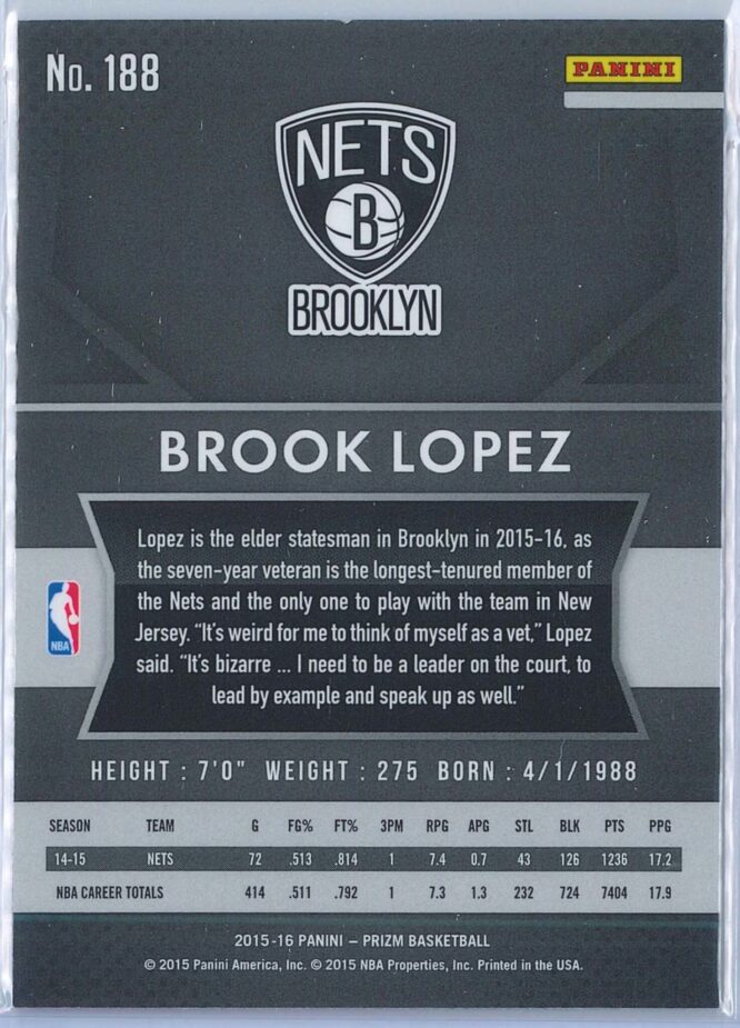 Brook Lopez Panini Prizm Basketball 2015 16 Base 188 2