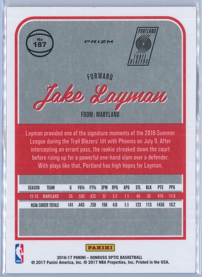 Jake Layman Panini Donruss Optic Basketball 2016 17 Base Purple Parallel 187 RC 2