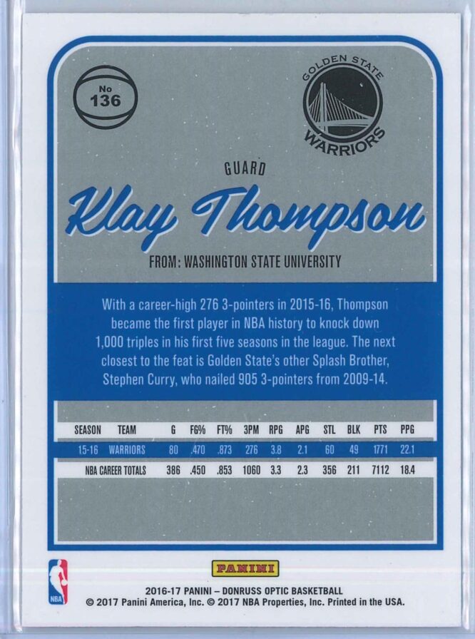 Klay Thompson Panini Donruss Optic Basketball 2016 17 Base 136 2
