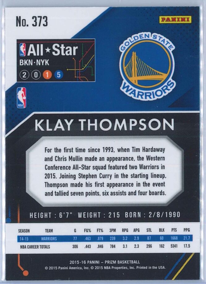 Klay Thompson Panini Prizm Basketball 2015 16 Base 2015 All Star Team 373 2