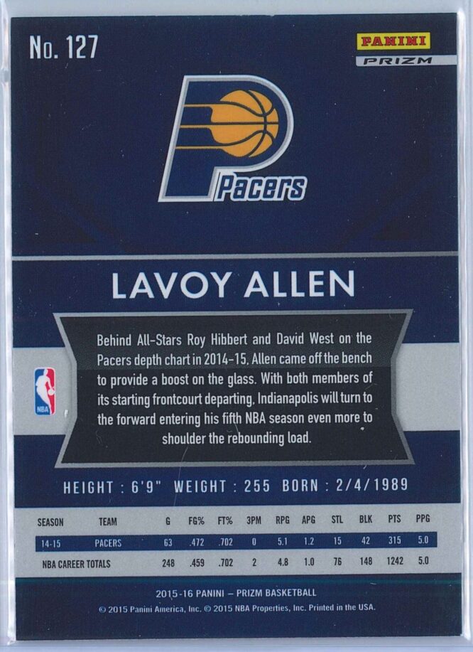 Lavoy Allen Panini Prizm Basketball 2015 16 Base Silver Prizm 127 2