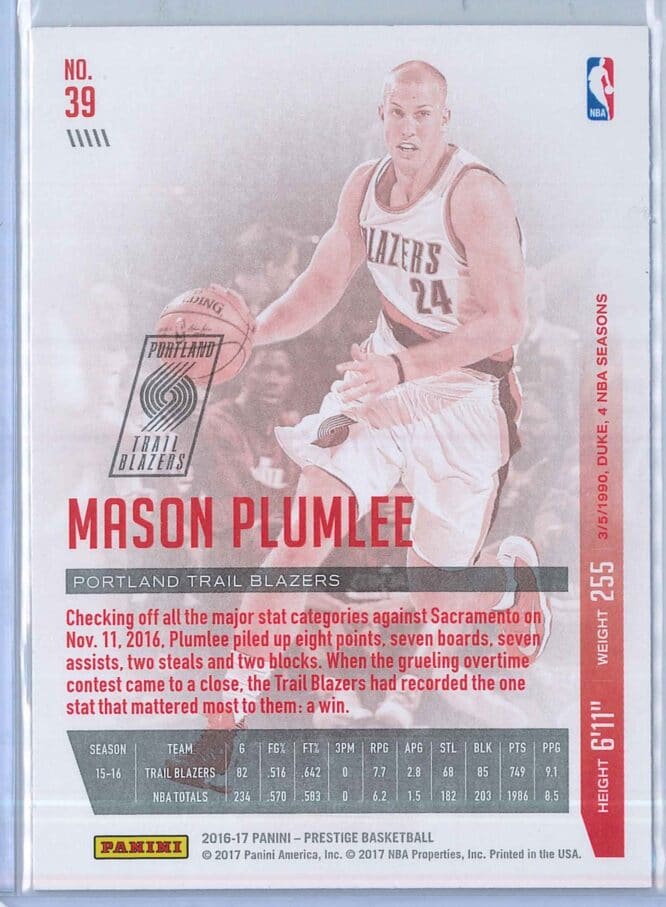Mason Plumlee Panini Prestige Basketball 2016 17 Base 39 2