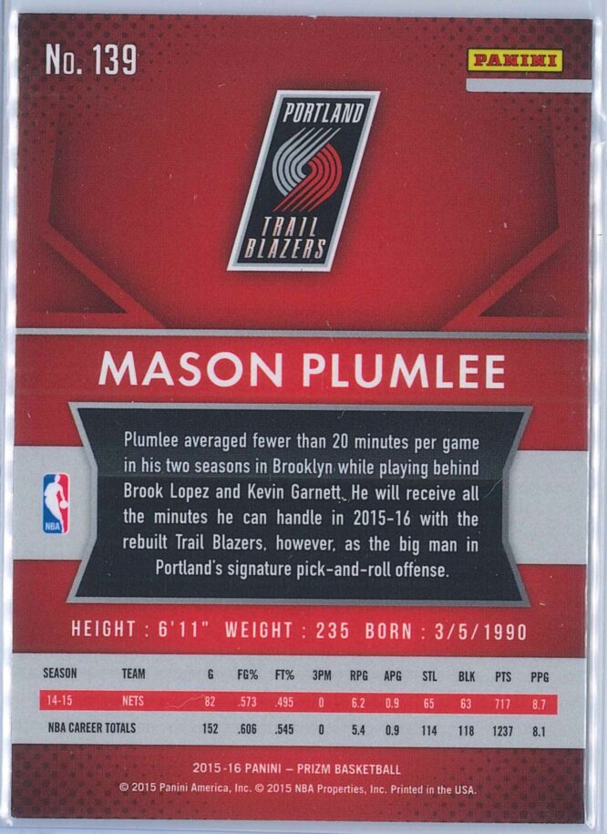 Mason Plumlee Panini Prizm Basketball 2015 16 Base 139 2