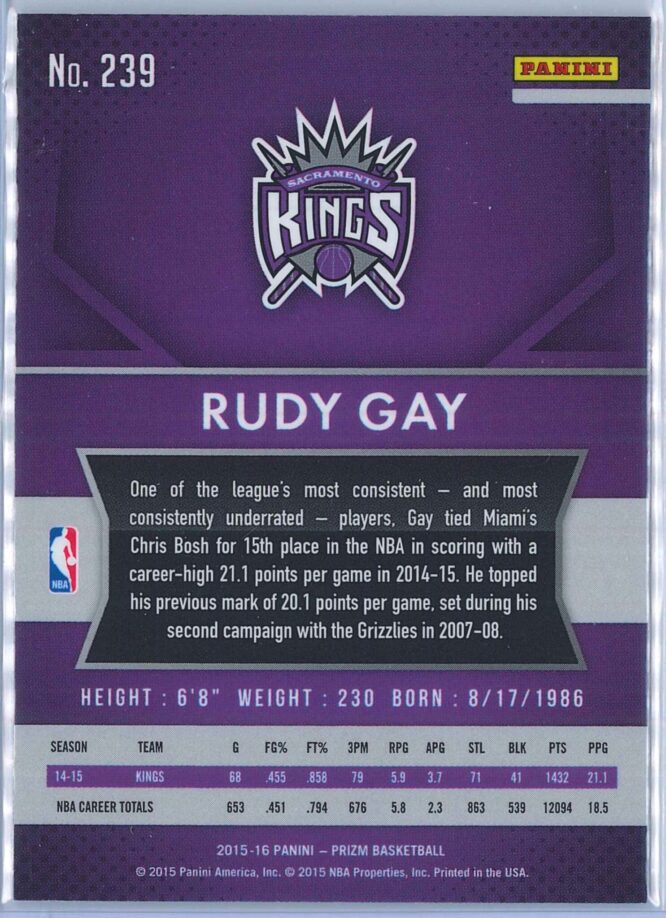 Rudy Gay Panini Prizm Basketball 2015 16 Base 239 2