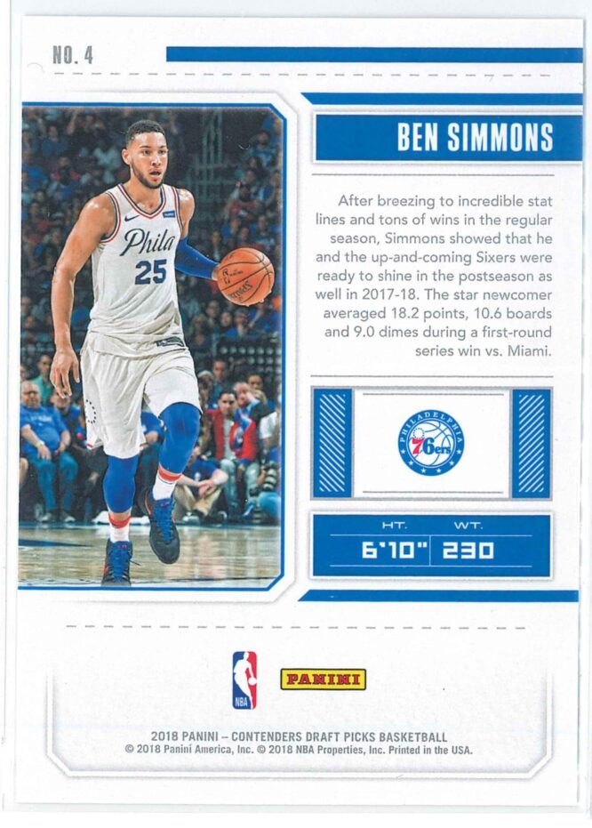 Ben Simmons Panini Contenders Draft Picks Basketball 2018 Season Ticket 4 2