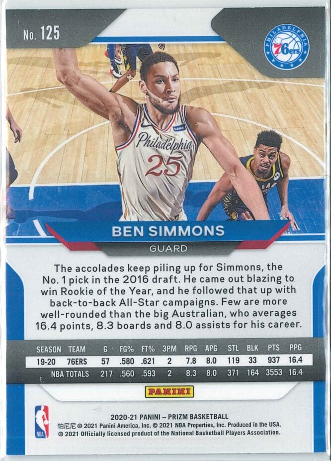 Ben Simmons Panini Prizm Basketball 2020 21 Base 125 2