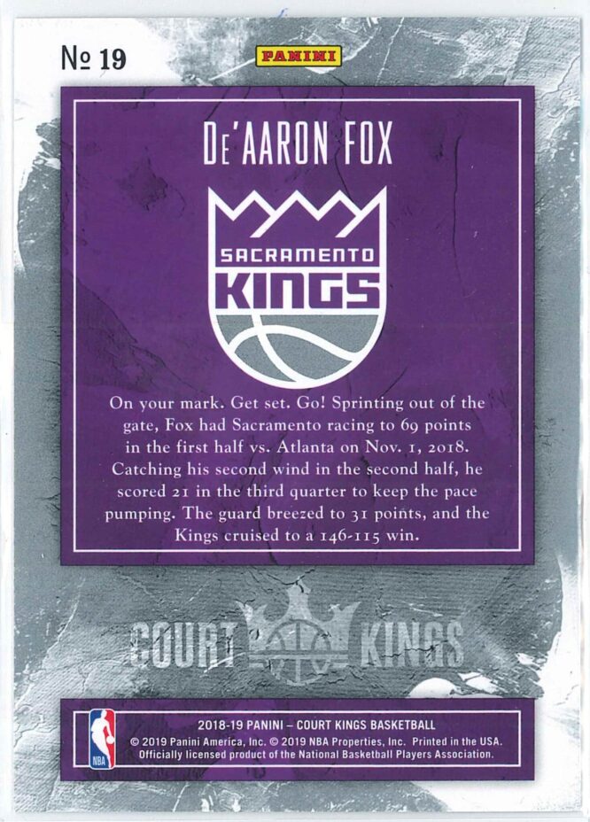 DeAaron Fox Panini Court Kings Basketball 2018 19 Base 19 2