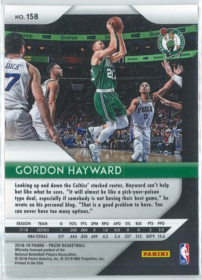 Gordon Hayward Panini Prizm Basketball 2018 19 Base 158 2