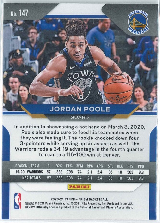 Jordan Poole Panini Prizm Basketball 2020 21 Base 147 2