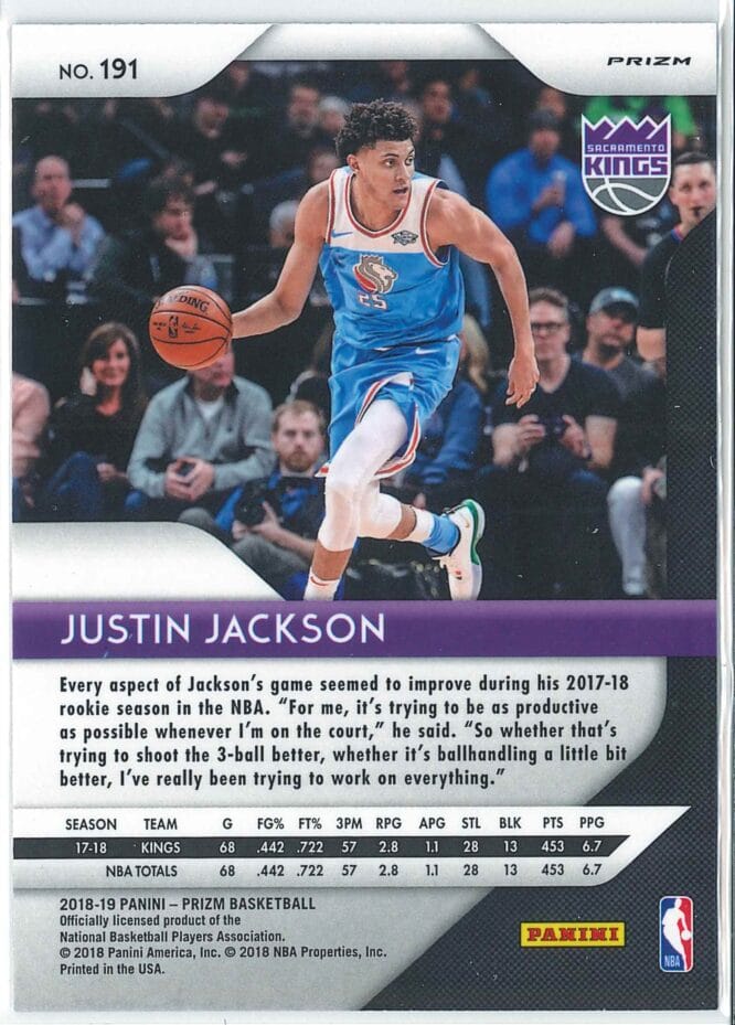 Justin Jackson Panini Prizm Basketball 2018 19 Base Silver Prizm 191 2
