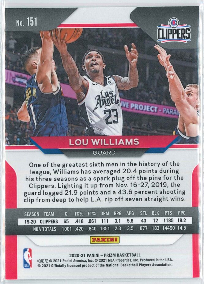Lou Williams Panini Prizm Basketball 2020 21 Base 151 2