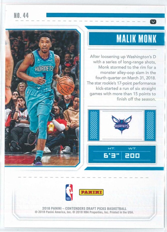 Malik Monk Panini Contenders Draft Picks Basketball 2018 Season Ticket Variation 44 2