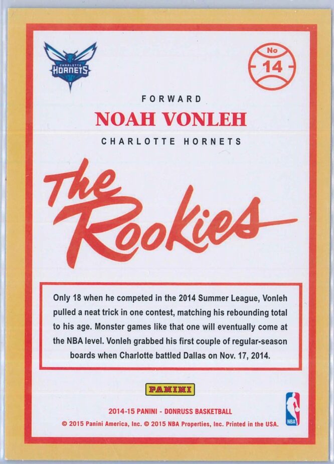 Noah Vonleh Panini Donruss Basketball 2014 15 The Rookies 14 RC 2