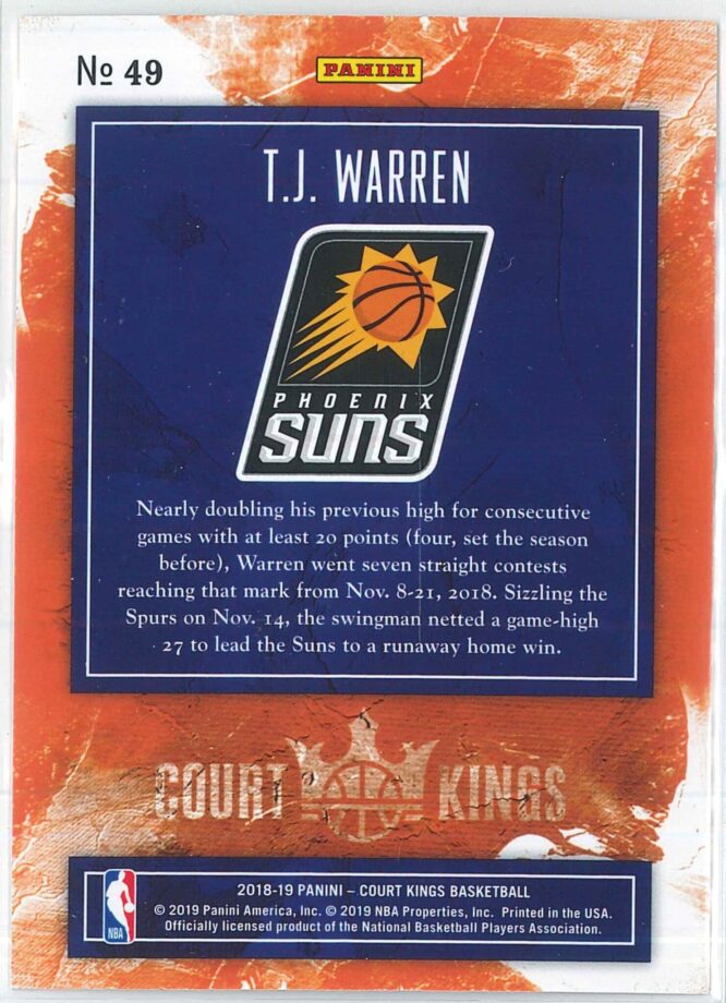 T.J. Warren Panini Court Kings Basketball 2018 19 Base 49 2