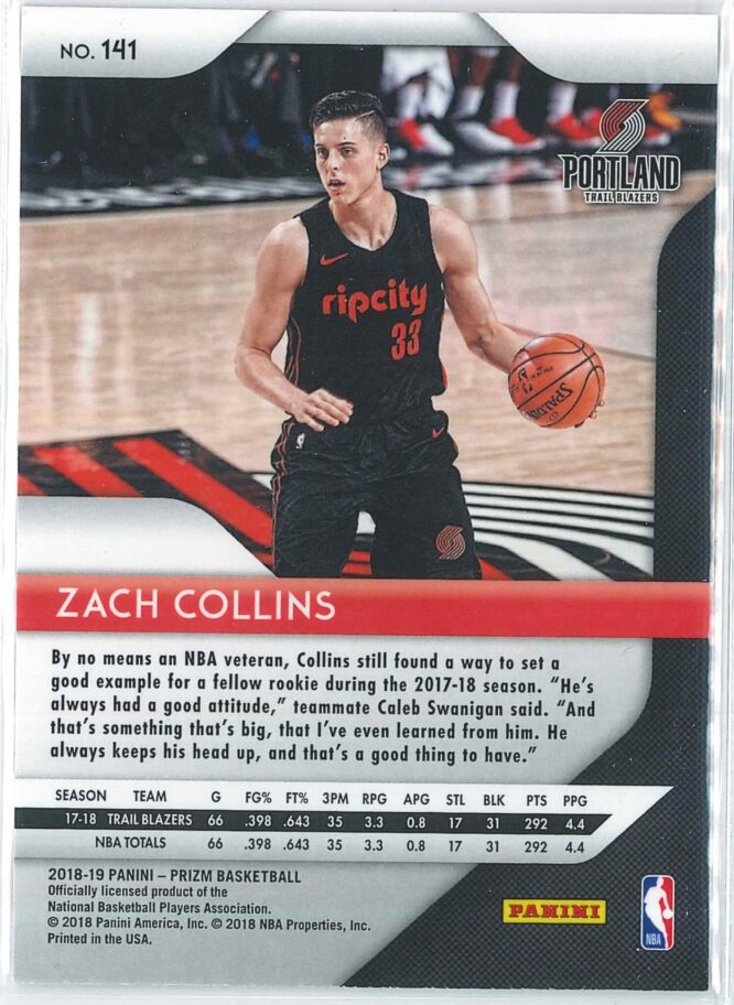 Zach Collins Panini Prizm Basketball 2018 19 Base 141 2