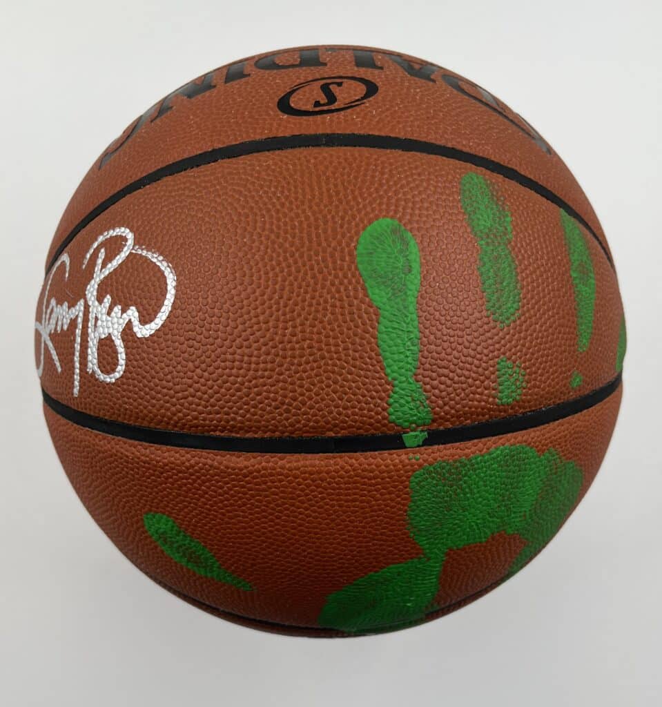 Larry Bird Boston Celtics Authentic Signed Spalding Official Game Ball Basketball with Silver Signature and Green Hand Print [B485472]
